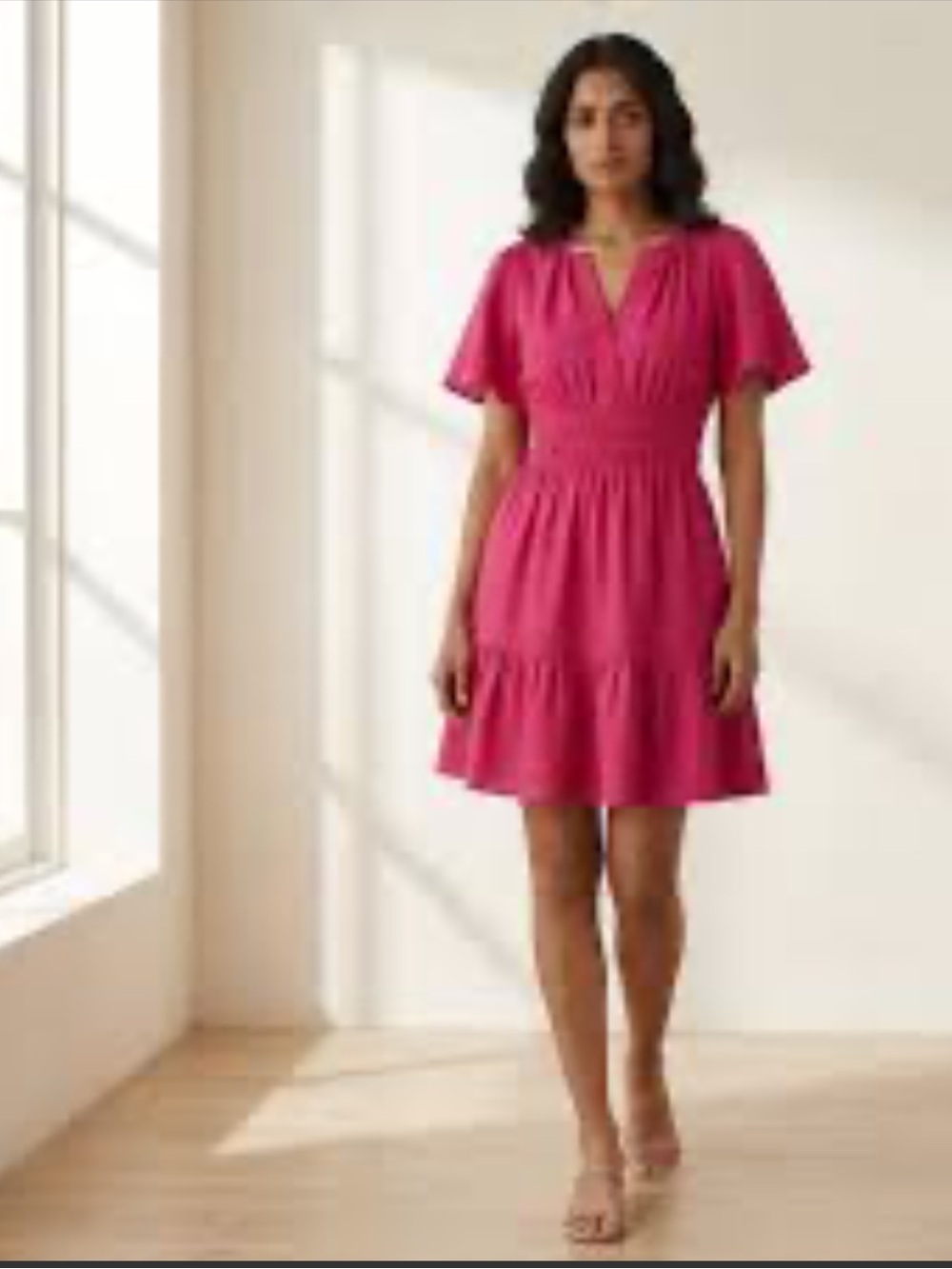 Tahari Hot Pink V-Neck Shirred-Waist Mini Dress